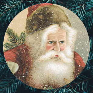 Sticker Rond Noël vintage, Père Noël victorien avec pin
