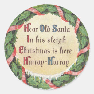 Sticker Rond Noël vintage, Père Noël victorien sur une couronne