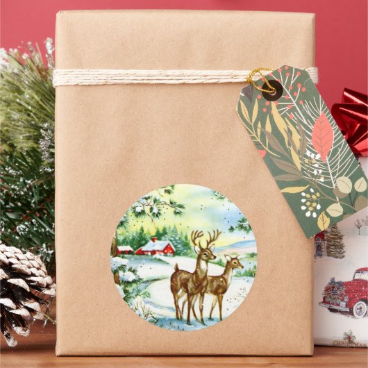 Sticker Rond Noël vintage retro vacances de cerfs (vacances)