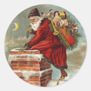 Sticker Rond Noël vintage victorien Saint Nicolas sur le toit