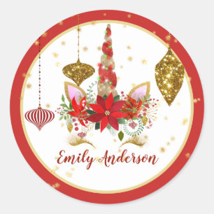 Sticker Rond Noel visage Unicorne personnalisé Rouge or