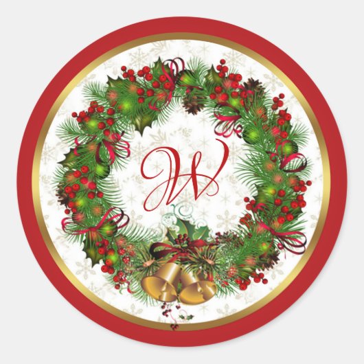 Sticker Rond Noël Wreath Bells Holly Pine Monogramme (Devant)