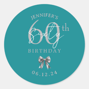 Sticker Rond Nœud Coquette Argent Fête des 60 ans Turquoise