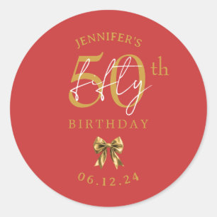 Sticker Rond Nœud Coquette Or 50ème Anniversaire Rouge