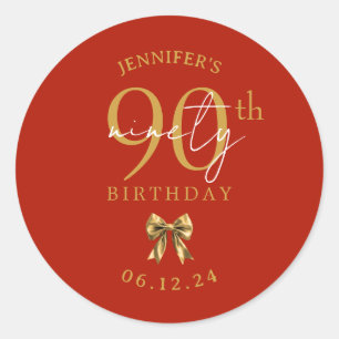 Sticker Rond Nœud Coquette Or 90ème Anniversaire Rouge