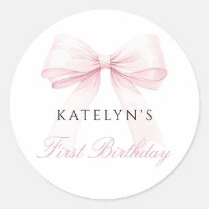 Sticker Rond Nœud Rose Pâle pour le Premier Anniversaire