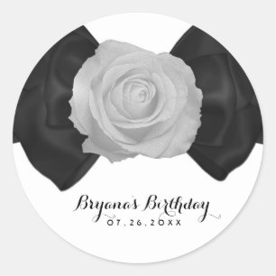 Sticker Rond Nœud ruban noir & Rose blanche Élégant cadeau pers