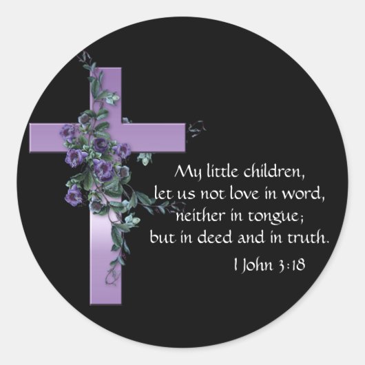 Sticker Rond Noir avec Croix violette & Fleurs violettes (Devant)
