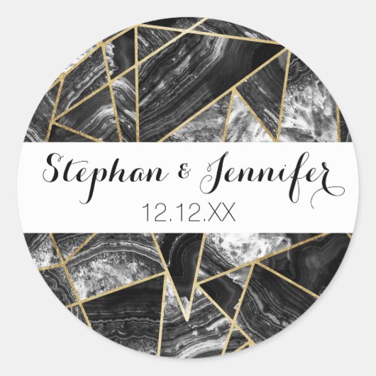 Sticker Rond Noir Blanc Agate Noir Or Triangles géométriques (Devant)