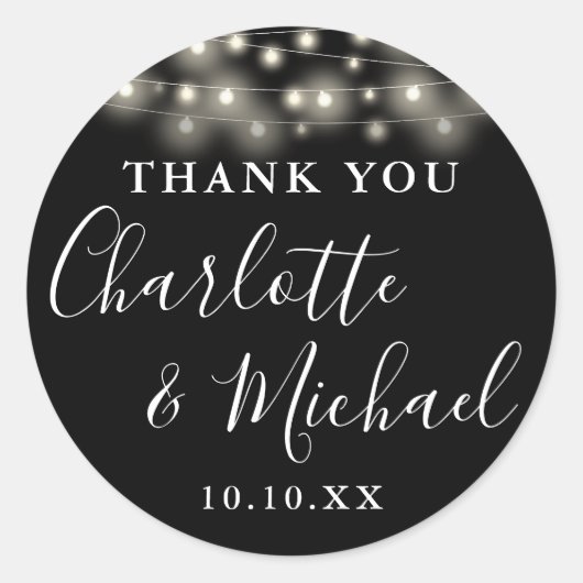 Sticker Rond Noir Blanc Chaîne Lights Mariage Faveur Merci (Devant)