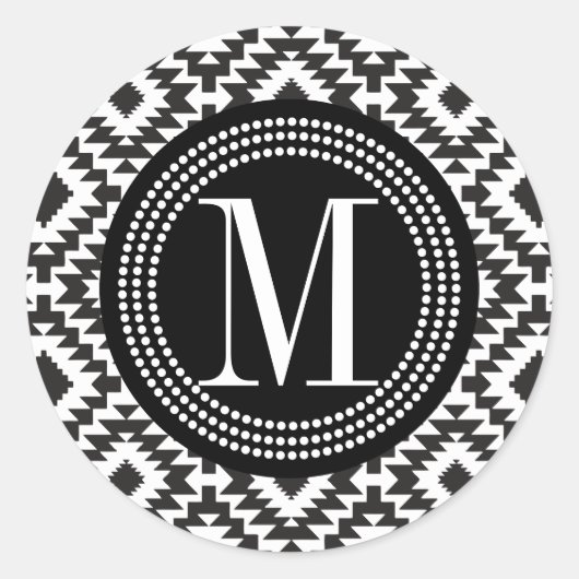 Sticker Rond Noir & Blanc Chic Aztec Tribal Monogramme (Devant)