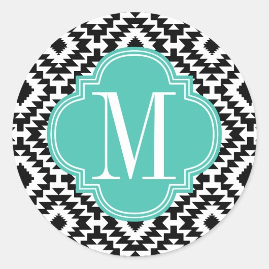 Sticker Rond Noir & Blanc Chic Aztec Tribal Monogramme (Devant)