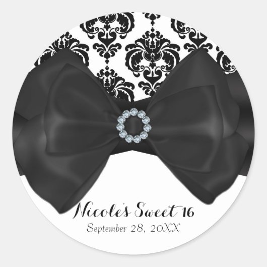 Sticker Rond Noir & blanc Damask Boule de boule Glam Sweet 16 P (Devant)