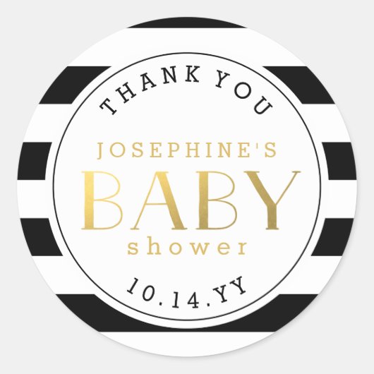 Sticker Rond Noir Blanc Faux Or Baby shower  Merci (Devant)