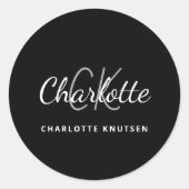 Sticker Rond Noir blanc monogramme initiales script minimaliste (Devant)