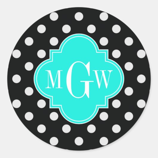Sticker Rond Noir blanc Pois Aqua Quatrefoil 3 Monogramme (Devant)