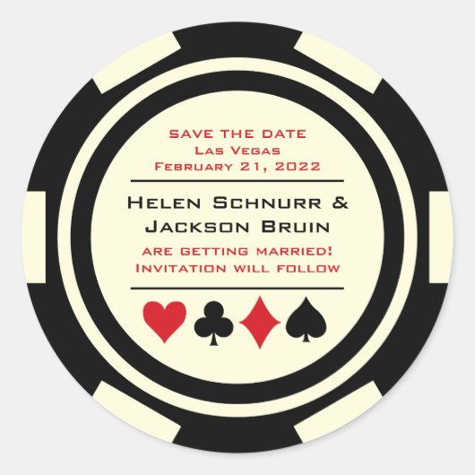 Sticker Rond Noir Blanc Poker Chip Mariage Enregistrer La Date (Devant)