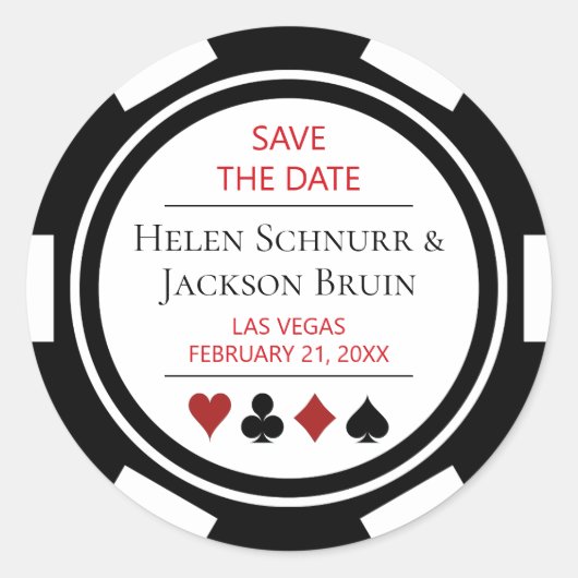 Sticker Rond Noir Blanc Poker Chip Mariage Enregistrer La Date (Devant)