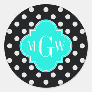 Sticker Rond Noir Blanc Polka Points Aqua Quatrefoil 3 Monogram