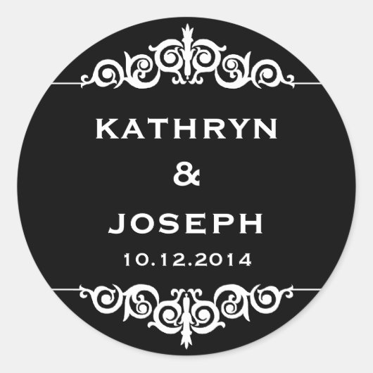 Sticker Rond Noir blanc romantique élégant scroll mariage faveu (Devant)