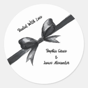 Sticker Rond Noir & Blanc Ruban Élégant Mariage Monochrome