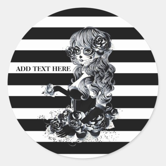 Sticker Rond Noir & Blanc Striped Joli Crâne de sucre fille (Devant)