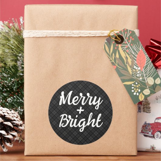 Sticker Rond Noir blanc tartan Noël Joyeux brillant (vacances)