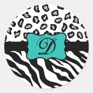 Sticker Rond Noir Blanc Turquoise Zebra Leopard Peau Monogramme