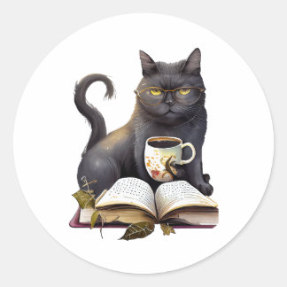 Sticker Rond noir Cat boire café et livre de lecture