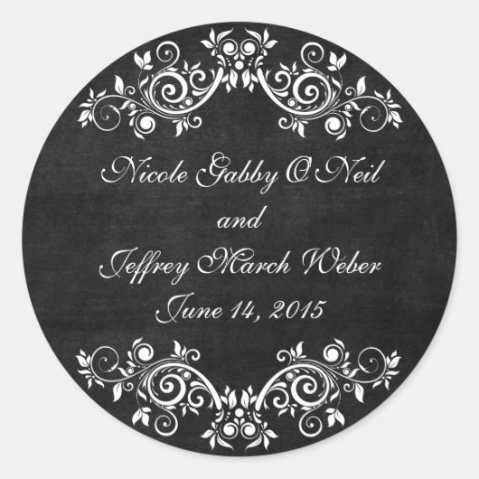 Sticker Rond Noir Chalkboard Rustique Blanc Flourds Mariage (Devant)