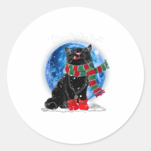 Sticker Rond Noir Chat Noël clair lune Bleu Hol (Devant)
