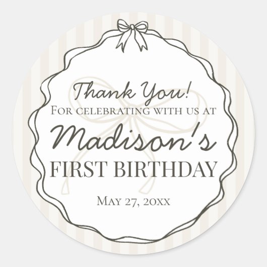 Sticker Rond Noir Coquette Bow Beige rayé Anniversaire Favorise (Devant)