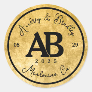 Sticker Rond Noir d'or 2 lettre Mariage Monogramme