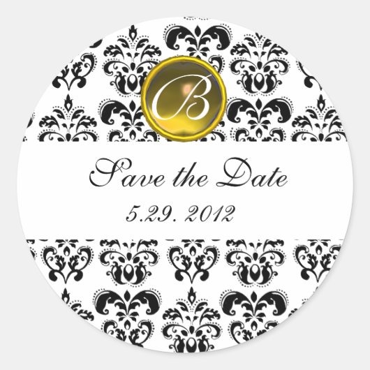 Sticker Rond NOIR ET BLANC DAMASK MONOGRAM topaz jaune (Devant)