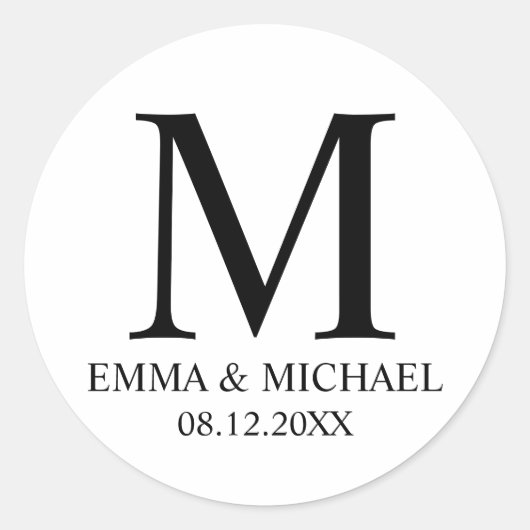 Sticker Rond Noir et blanc Elégant Monogramme Mariage Faveur (Devant)