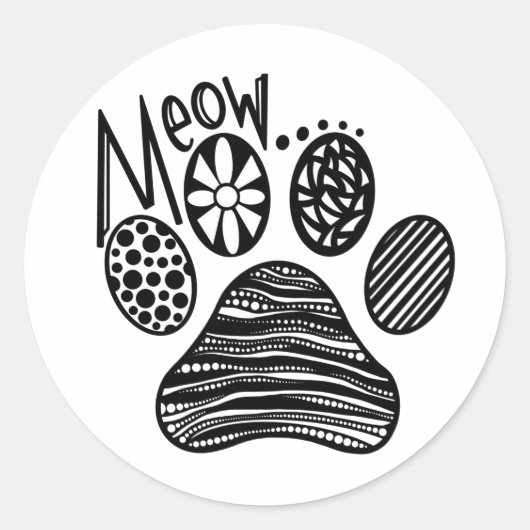 Sticker rond noir et blanc Empreinte de patte MEOW (Devant)