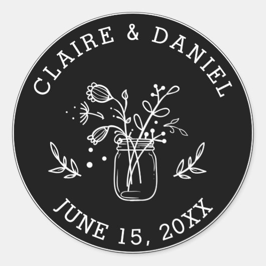 Sticker Rond Noir et blanc Enregistrer la date Mason Jar Fleurs (Devant)