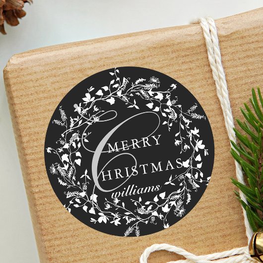 Sticker Rond Noir et blanc Fleur sauvage moderne Wreath Noël