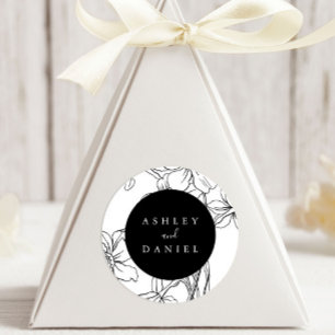 Sticker Rond Noir et Blanc Moderne Mariage Floral Favoriser