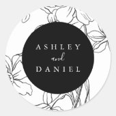 Sticker Rond Noir et Blanc Moderne Mariage Floral Favoriser (Devant)