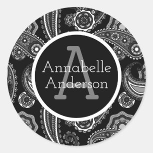 Sticker Rond Noir et blanc Paisley fantaisie Personnaliser
