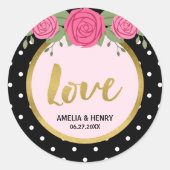 Sticker Rond Noir et blanc Polka point Rose Amour Mariage (Devant)