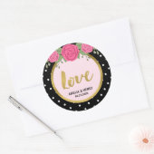 Sticker Rond Noir et blanc Polka point Rose Amour Mariage (Enveloppe)