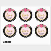Sticker Rond Noir et blanc Polka point Rose Amour Mariage (Feuille)