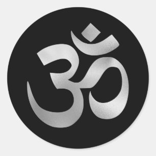 Sticker Rond Noir et Faux Argent Om Ombre Feuille de métal Symb