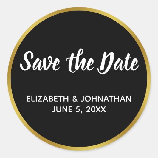 Sticker Rond Noir et Faux Gold Wedding Enregistrer la date (Devant)