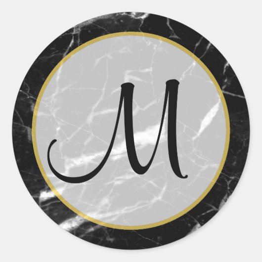 Sticker Rond Noir et Marbre blanc Or Monogramme (Devant)