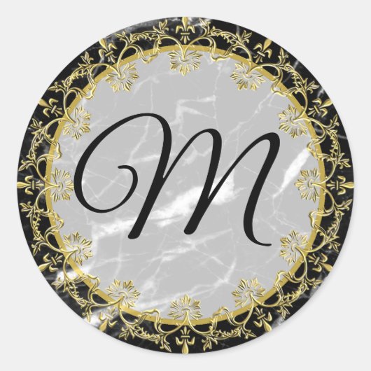 Sticker Rond Noir et Marbre blanc Or Monogramme (Devant)