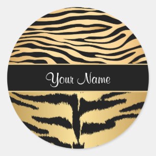 Sticker Rond Noir et motif métallique de rayures de tigre d'or