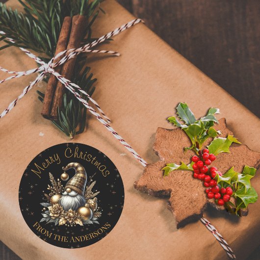 Sticker Rond Noir Et Or Gnome De Noël